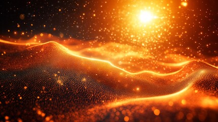 Poster - Abstract 3D visualization of a quantum field with glowing particles demonstrating energy fluctuations