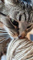 Sticker - A close-up of a cat sniffing a ball of twine.