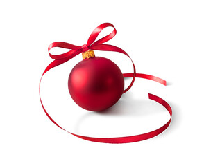 Red bauble, christmas ball with a ribbon decoration, isolated on transparent background.
