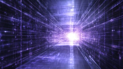 Poster - Futuristic quantum data transfer experiment showcasing teleportation technology and quantum wave patterns in a scientific setting