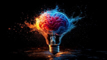 A human brain inside a light bulb, with fire and water bursting out of it.