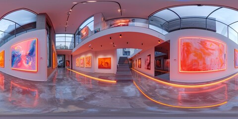 Fototapete - An immersive 360-degree equirectangular panorama of a contemporary art gallery in a modern house, with LED strips highlighting