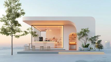 3D illustration of a modern minimalist coffee shop landscape. Architectural design perspective, construction of a fantasy building.