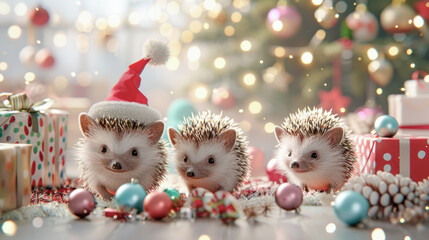 Hedgehogs in Santa hat surrounded by Christmas gifts and decorations festive scene, holiday cheer concept