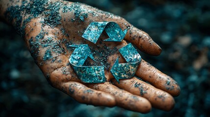 A man's palm with the recycle symbol rendered in metallic green, symbolizing modern recycling practices