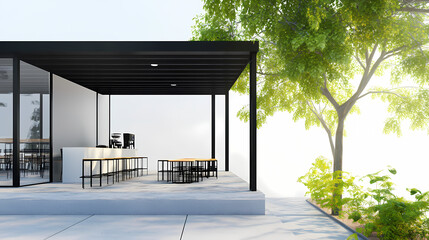 3D illustration of a modern minimalist coffee shop landscape. Architectural design perspective, construction of a fantasy building.