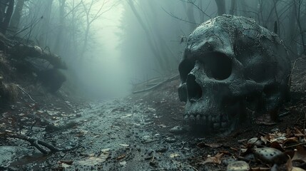 Canvas Print - A Skull in a Foggy Forest: A Haunting Scene