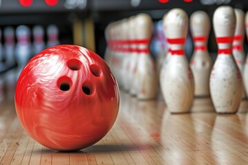 Poster - A bright red bowling ball rests on the surface of a wooden floor, waiting for its next adventure