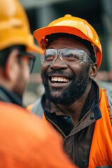 Poster - A person wearing a hard hat and safety glasses, ready for work or a job site