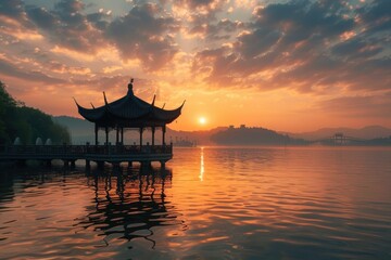Poster - A gazebo situated on the edge of a calm lake or pond, perfect for a serene outdoor setting or rustic wedding decoration