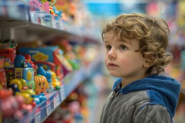 Aufkleber - A young boy browsing toy shelves in a store