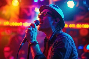 Poster - A musician performs live on stage, holding a microphone and belting out a tune