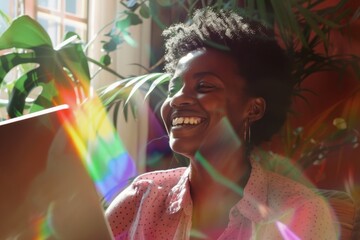 Canvas Print - A person smiling while typing on a laptop computer