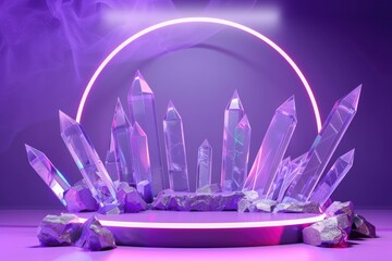 Wall Mural - A collection of crystals on a table with a glowing neon ring