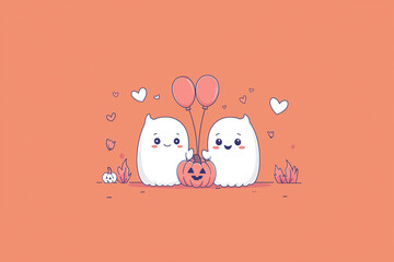 two lovely ghosts in a sheet on Halloween night in the forest, with ballons and pumpkinы