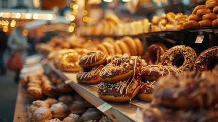 Wall Mural - A selection of doughnuts displayed on a shelf, perfect for food and bakery themed projects