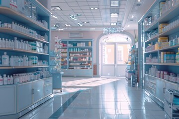 Poster - A pharmacy store filled with lots of bottles and shelves, ideal for use in advertisements or interior design projects