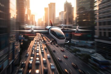 Poster - A futuristic flying vehicle hovering in the air above a busy cityscape