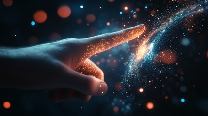 Wall Mural - a hand touching a glowing and abstract representation of the cosmos or space filled with stars and e