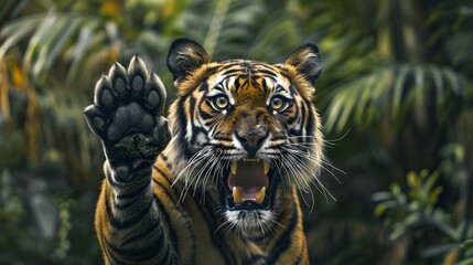 Wall Mural - Shocked Tiger Roaring Forcefully With Raised Paw In Detailed Jungle Backdrop