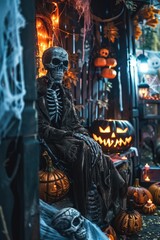 Poster - A skeleton sits in a chair surrounded by pumpkins, perfect for Halloween or autumnal themes