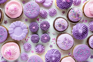 Wall Mural - Assorted cupcakes decorated with purple frosting and colorful sprinkles