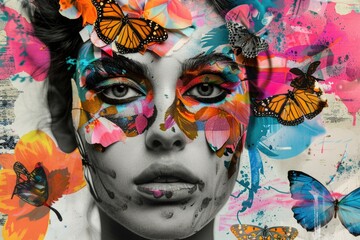 Poster - A monochromatic portrait of a woman with artificial butterflies attached to her face, suitable for use in creative projects or as a unique visual element