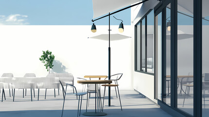 3D illustration of a modern minimalist coffee shop landscape. Architectural design perspective, construction of a fantasy building.