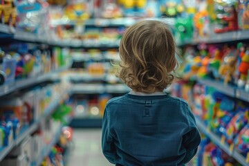 Fototapete - A young child stands in a store aisle, surrounded by shelves of products