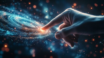 Wall Mural - a hand touching a glowing and abstract representation of the cosmos or space filled with stars and e