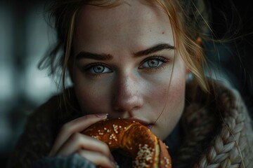 Poster - A woman enjoys a tasty pretzel covered in colorful sprinkles