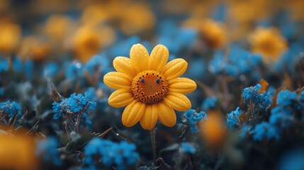 Canvas Print - Happy Sunflower in a Field of Blue Flowers