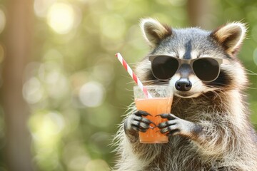 Poster - A curious raccoon enjoying a drink while wearing sunglasses, perfect for outdoor or wildlife-themed designs