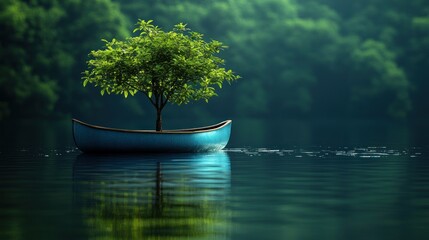 Wall Mural - A serene boat with a tree floating on calm waters.