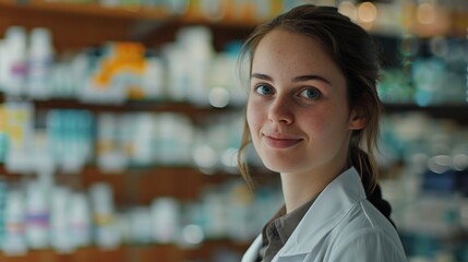 Poster - A woman stands in front of a shelf filled with various bottles, possibly searching for something or organizing the contents