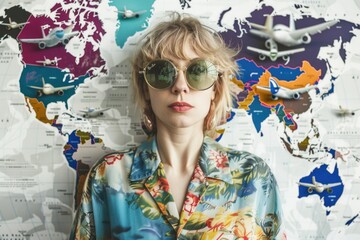Fototapete - A woman stands in front of a map, wearing sunglasses, providing location information
