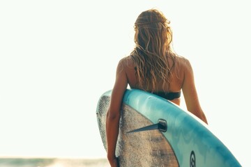 Poster - A woman standing on the beach holding a surfboard, ready for a ride