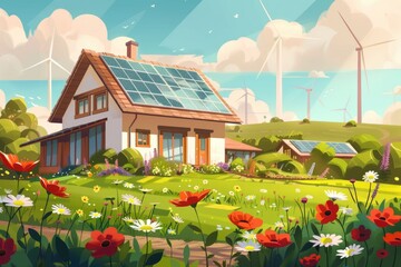 Poster - A modern residential building with a solar panel installed on the rooftop, suitable for use in architecture or environmental-themed designs