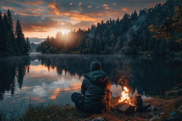 Poster - A person sitting near a fire on the edge of a lake, enjoying the peaceful atmosphere