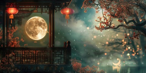 Poster - A peaceful night scene with a bright full moon shining down, ideal for use in backgrounds or as a focal point
