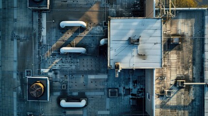 Aufkleber - Aerial view of a building with pipes and ductwork, suitable for architectural or industrial illustration