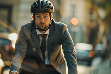 Poster - A business professional rides a bike in a casual setting