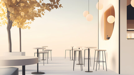 3D illustration of a modern minimalist coffee shop landscape. Architectural design perspective, construction of a fantasy building.