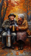 Sticker - An elderly couple enjoying warm drinks on a park bench surrounded by autumn foliage.