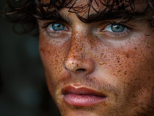 Sticker - Close-Up Portrait of a Young Man with Freckles and Blue Eyes