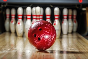 Sticker - A red bowling ball sits atop a bowling alley, ready for play