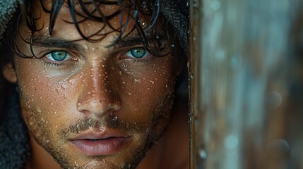 Sticker - Intense Gaze: A Close-Up Portrait of a Man with Water Drops