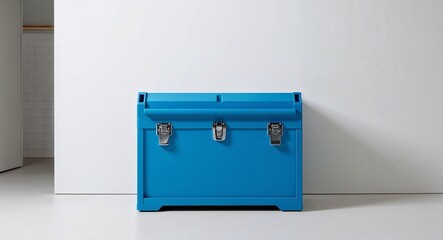 Wall Mural - Bright blue tool chest resting on a clean white surface