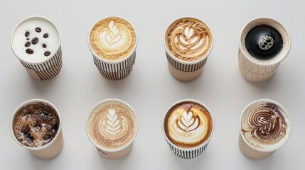 Poster - Six different coffee types in paper cups, perfect for a cafe or office setting
