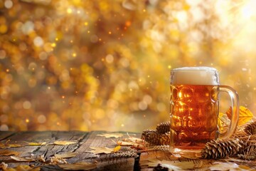 Poster - A mug of beer sitting on a wooden table, perfect for a casual gathering or outdoor event